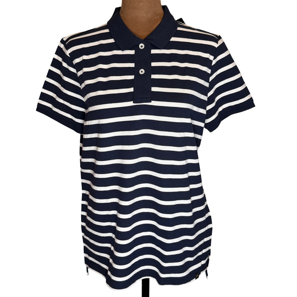 Piombo Navy White Striped Polo Shirt Women's Large Cotton Short Sleeve NWT Top - Picture 1 of 9